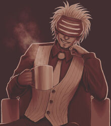  1boy black_pants brown_theme buttons chair coffee collared_shirt cup dark-skinned_male dark_skin earrings facial_hair formal goatee godot_(ace_attorney) grin gyakuten_saiban hand_on_own_cheek hand_on_own_face head-mounted_display headgear highres jewelry long_sleeves male_focus messy_hair mug necktie omega_(omega_yang) pants phoenix_wright:_ace_attorney_-_trials_and_tribulations shirt sitting smile smoke vest white_hair white_vest 