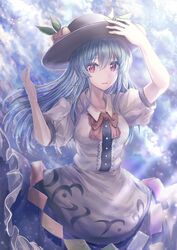  arm_up black_hat blouse blue_hair blue_skirt blue_sky bow bowtie breasts buttons cloud cloudy_sky collared_shirt female food fruit hair_between_eyes hand_on_headwear hands_up hat highres hinanawi_tenshi leaf long_hair looking_at_viewer medium_breasts open_mouth peach puffy_short_sleeves puffy_sleeves red_bow red_bowtie red_eyes shadow shirt short_sleeves skirt sky smile solo sunlight tabiji_(tabiji_s) touhou white_shirt white_sleeves 