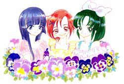  3girls aoki_reika blue_eyes blue_hair blunt_bangs bow flower green_eyes green_hair hair_ornament hairbow hairclip hino_akane_(smile_precure!) hiyodoribbon long_sleeves midorikawa_nao multiple_girls pansy parted_bangs parted_lips pink_flower pink_pansy ponytail precure purple_flower purple_pansy red_eyes red_hair short_hair smile smile_precure upper_body white_bow 