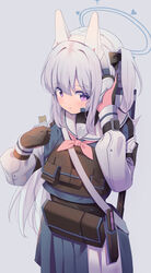  absurdres akinoji_(akiponpon27) blue_archive bulletproof_vest commentary_request female food gloves grey_hair gun halo headphones highres long_hair looking_at_viewer miyako_(blue_archive) purple_eyes school_uniform simple_background solo submachine_gun suomi_kp/-31 tactical_clothes vest weapon white_background 