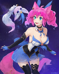  :d ahoge animal_ears bare_shoulders black_choker blue_eyes blue_neckwear blue_ribbon breasts bustier cat_ears choker cleavage commission creature detached_collar detached_sleeves drill_hair facial_mark fangs female fingerless_gloves fox_ears fox_tail gloves heart heart_facial_mark large_breasts league_of_legends leaning_forward neck_ribbon oerba_yun_fang open_mouth original pink_hair ribbon sanpaku short_hair smile solo star_guardian_(league_of_legends) star_guardian_pet starry_background tail thighhighs twin_drills unsomnus whisker_markings 