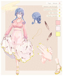  blouse blue_eyes blue_hair breasts character_name english_text engrish_text feather_print feathers female gotland_(kancolle) hair_between_eyes hair_bun high_heels jewelry kantai_collection kouga_(mutsumi) leg_up long_sleeves mole mole_under_eye nail_polish necklace official_alternate_costume open_mouth pink_shirt ranguage reference_sheet sandals shirt sidelocks single_hair_bun skirt skirt_hold strappy_heels yellow_footwear yellow_nails 