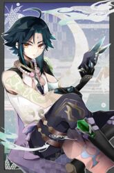  1boy absurdres arm_tattoo armor asymmetrical_clothes bad_id bad_pixiv_id bead_necklace beads black_hair closed_mouth genshin_impact gloves green_hair highres jewelry looking_at_viewer male_focus multicolored_hair multiple_tails necklace shoulder_armor solo tail tassel tattoo two_tails usako_(usako1031) vision_(genshin_impact) xiao_(genshin_impact) yellow_eyes 