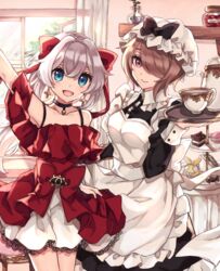  2girls :d apron armpits bad_id bad_pixiv_id bare_shoulders black_dress blue_eyes brown_hair chabatake choker closed_mouth cup cupcake curtains dress earrings food frilled_dress frills hair_between_eyes hair_over_one_eye hair_ribbon hand_up holding holding_tray homu_(honkai_impact) honkai_(series) honkai_impact_3rd indoors jewelry long_hair long_sleeves looking_at_viewer maid maid_apron maid_headdress multiple_girls open_mouth purple_eyes red_dress ribbon rita_rossweisse short_hair smile teacup teapot theresa_apocalypse tray white_hair window 