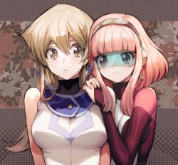  2girls aoki_(fumomo) blonde_hair bodysuit breasts cyber_tutu duel_academy_uniform_(yu-gi-oh!_gx) duel_monster floral_background hair_between_eyes hairband hand_on_another&#039;s_shoulder large_breasts long_hair multiple_girls open_mouth pink_bodysuit pink_eyes pink_hair short_hair sleeveless smile tenjouin_asuka tinted_eyewear yellow_eyes yu-gi-oh! yu-gi-oh!_gx 