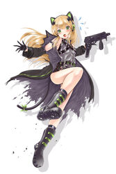  animal_ear_headphones animal_ears b&amp;t_mp9 black_gloves blonde_hair blush breasts cat_ear_headphones coat fake_animal_ears female full_body girls&#039;_frontline gloves green_eyes gun headphones highres leotard long_hair medium_breasts open_mouth sidelocks skindentation solo submachine_gun tearing_up tmp_(girls&#039;_frontline) very_long_hair weapon yos 