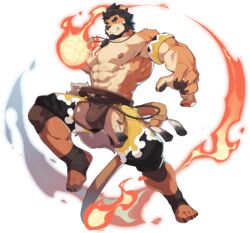  1boy abs alca_(wakatanka4) alca_the_lion animal_ears bara beard black_hair briefs brown_male_underwear bulge chest_hair clothing_cutout crotchless crotchless_pants facial_hair flame-tipped_tail flaming_hand full_body furrification furry furry_male gyee highres jewelry large_pectorals lion_boy lion_ears male_focus male_underwear manly mature_male muscular muscular_male navel navel_hair necklace nipples official_art pants pectorals red_eyes short_hair solo stomach tail thick_eyebrows thick_thighs thigh_cutout thighs third-party_source topless_male transparent_background underwear zixiong_zix 