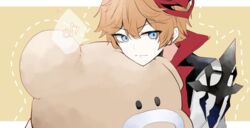  1boy bad_id bad_pixiv_id blue_eyes collared_jacket genshin_impact hair_ornament highres hug jacket male_focus orange_hair pink_stuffed_animal short_hair simple_background solo stuffed_animal stuffed_toy tartaglia_(genshin_impact) teddy_bear usako_(usako1031) 