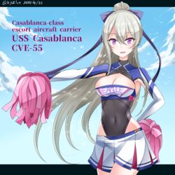  :d azur_lane black_bow black_leotard blue_sky bow breasts casablanca_(azur_lane) casablanca_(cheer_squad_on_break)_(azur_lane) character_name cheerleader cleavage cloud commentary_request covered_collarbone covered_navel crop_top dated day female floating_hair grey_hair hair_between_eyes hairbow hand_on_own_hip hebitsukai-san high_ponytail highres leotard long_hair long_sleeves medium_breasts official_alternate_costume open_mouth outdoors outstretched_arm pleated_skirt pom_pom_(cheerleading) ponytail purple_eyes reverse_translation skirt sky smile solo twitter_username very_long_hair white_skirt 