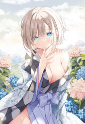  blue_eyes blue_flower blue_sash blue_sky breasts brown_hair cleavage closed_mouth cloud cloudy_sky commentary_request female flower hair_between_eyes hand_on_own_chin hoshino_koucha japanese_clothes kimono large_breasts looking_at_viewer medium_hair off_shoulder original outdoors pink_flower sash sky solo 