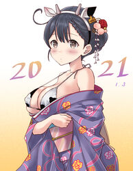  2021 ahoge animal_ears animal_print bad_id bad_twitter_id bikini blue_hair blush breasts brown_eyes chinese_zodiac cow_ears cow_print ear_tag fake_animal_ears fake_horns female floral_print gradient_background hair_bun hair_ornament hair_up horns japanese_clothes kantai_collection kimono kurage1 large_breasts new_year obi open_clothes open_kimono sash simple_background single_hair_bun solo swimsuit upper_body ushio_(kancolle) wide_sleeves year_of_the_ox 