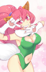  animal_ears animal_hands breasts cat_ears cat_tail cleavage cleavage_cutout clothing_cutout cowboy_shot double_v female gloves highres leotard long_hair looking_at_viewer natsuki_megumi navel perisie_(star_ocean) pink_hair pointy_ears ponytail smile solo star_ocean star_ocean_first_departure tail v 