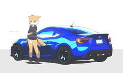  2022 anthro bottomless car cheek_tuft clothed clothing countershade_face countershading digital_media_(artwork) domestic_cat facial_tuft felid feline felis female footwear fur head_tuft hi_res leg_tuft mammal rolo_(rolo_stuff) rolo_stuff sad shoes signature simple_background solo standing subaru subaru_brz tuft vehicle white_background white_body white_countershading white_fur yellow_body yellow_fur 