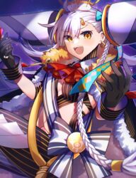  black_gloves braid breasts earrings fate/grand_order fate_(series) female gloves hair_ornament hat highres horns jewelry medium_breasts ohitashi_netsurou olga_marie_animusphere open_mouth ring side_braid single_braid single_horn smile solo spoilers u-olga_marie white_hair yellow_eyes 