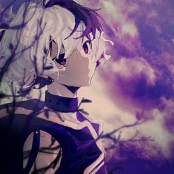  branch chinese_commentary choker cloud commentary female flower_(vocaloid) flower_(vocaloid4) huaji_niang multicolored_hair parted_lips purple_eyes purple_hair purple_theme purple_vest solo streaked_hair tears upper_body vest vocaloid white_hair 