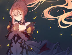  armor bangs bare_shoulders blonde_hair braid breasts cleavage closed_eyes closed_mouth commentary_request covered_navel crossed_bangs detached_collar dress eyebrows_visible_through_hair eyelashes female floral_print glowing hair_between_eyes high_ponytail highres long_hair own_hands_clasped own_hands_together shionne_(tales) shoulder_armor solo sparkle tales_of_(series) tales_of_arise upper_body vierzeck white_dress 