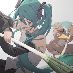  aqua_eyes aqua_hair aqua_necktie bare_shoulders beak bird black_skirt black_sleeves commentary crossover detached_sleeves farfetch&#039;d female fighting_stance food grey_shirt hair_ornament hatsune_miku highres holding holding_food holding_spring_onion holding_vegetable long_hair necktie one_eye_closed pokemon pokemon_(creature) shirt skirt sleeveless sleeveless_shirt spring_onion twintails upper_body v-shaped_eyebrows vegetable very_long_hair vocaloid wounds404 