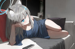  absurdres alternate_costume animal_ears bare_legs blue_archive blue_eyes blush breasts collarbone commentary controller extra_ears female grey_hair hair_ornament halo highres long_hair lying mr-shin on_side phone remote_control ribbon shiroko_(blue_archive) solo wolf_ears 