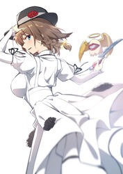  braid breasts brown_hair charlotte_corday_(fate) charlotte_corday_(third_ascension)_(fate) dress fate/grand_order fate_(series) female flower from_behind hat hat_flower highres juliet_sleeves kagari_liroi knife large_breasts long_dress long_sleeves puffy_sleeves solo white_background white_dress 