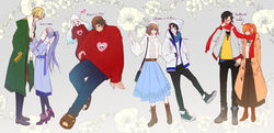  4boys 4girls absurdres ahoge alternate_costume artemis_(fate) bag bear_slippers black_hair blonde_hair blush boots braid brown_hair charlotte_corday_(fate) coat commentary_request fate/grand_order fate_(series) floral_background fujimaru_ritsuka_(female) fujimaru_ritsuka_(male) handbag heart high_heels highres hood hoodie jason_(fate) mandricardo_(fate) medea_(lily)_(fate) multiple_boys multiple_girls muscular muscular_male orange_hair ponytail purple_hair scarf shared_clothes shared_scarf shia_(kashia) side_ponytail skirt super_orion_(fate) sweater white_hair winter_clothes winter_coat 