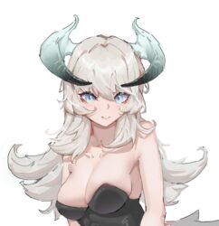  absurdres alternate_costume bare_shoulders blue_eyes blush breasts chamber_dragonmaid cleavage collarbone commentary_request dragon_girl dragon_horns duel_monster female grey_hair highres horns long_hair mahcl_(mhcl3466) simple_background smile solo upper_body white_background yu-gi-oh! 