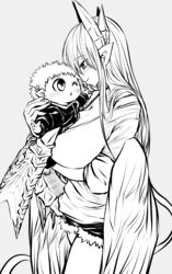  1boy absurdres baby blush bra_strap breasts demon_horns demon_wings female gospel_(mazohaha) greyscale highres holding horns huge_breasts lolicon lorem_(mazohaha) monochrome mother_and_son musuko_ga_kawaikute_shikatanai_mazoku_no_hahaoya one_eye_closed white_background wings zyugoya 