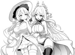  2girls azur_lane blush breasts cleavage closed_mouth dress elbow_gloves garter_straps gloves greyscale hair_ornament hairclip hat hori_(hori_no_su) illustrious_(azur_lane) large_breasts long_hair looking_at_another low_twintails measuring mole mole_under_eye monochrome multiple_girls navel open_mouth panties showgirl_skirt simple_background smile tape_measure thighhighs twintails underwear victorious_(azur_lane) white_background 