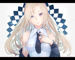  black_jacket black_necktie blonde_hair breasts character_name female hair_between_eyes hornet_(kancolle) jacket kantai_collection kouga_(mutsumi) letterboxed long_hair looking_at_viewer medium_breasts necktie off_shoulder parted_lips purple_eyes shirt simple_background sleeveless sleeveless_shirt solo white_shirt 