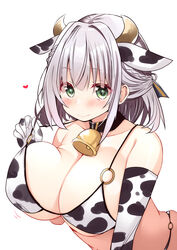  animal_ears animal_print bell bikini bikini_top_lift blush breasts clothes_lift collar cow_ears cow_girl cow_print cowbell female green_eyes grey_hair hair_intakes hair_ribbon heart highres hololive horns large_breasts neck_bell o-ring o-ring_top ribbon shirogane_(platinum) shirogane_noel short_hair simple_background smile solo swimsuit upper_body virtual_youtuber wavy_hair white_background white_hair 