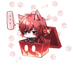  ... 1boy animal_ear_fluff animal_ears bad_id bad_pixiv_id bell black_coat black_gloves box cat_boy chibi coat collared_coat diluc_(genshin_impact) empty_eyes frown genshin_impact gloves hair_bell hair_ornament in_box in_container male_focus paw_print paw_print_background ponytail red_eyes usako_(usako1031) 