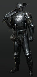  1boy absurdres armor belt_pouch blood breastplate full_armor full_body gradient_background grey_background helmet highres holding holding_nail holding_sword holding_weapon knight male_focus medieval nail nisetanaka original plate_armor pouch severed_ear shoulder_armor solo standing sword weapon 