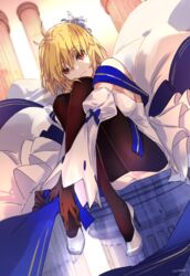  archetype_earth arcueid_brunestud bare_shoulders black_gloves blonde_hair blue_skirt blush breasts brown_pantyhose carimarica cleavage commentary_request detached_sleeves dress fate/grand_order fate_(series) female flower gloves hair_flower hair_ornament high_heels highres large_breasts long_skirt looking_at_viewer multicolored_clothes multicolored_skirt pantyhose red_eyes short_hair skirt smile solo tsukihime white_dress white_skirt 