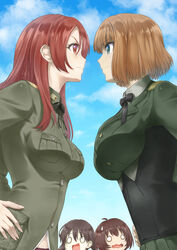  4girls absurdres blue_eyes blush bob_cut brave_witches breasts brown_hair closed_mouth cloud cloudy_sky confrontation eye_contact gundula_rall hand_on_own_hip highres karibuchi_hikari large_breasts long_hair looking_at_another memory_(prophet5) military military_uniform minna-dietlinde_wilcke miyafuji_yoshika multiple_girls open_mouth outdoors red_eyes red_hair short_hair sky smile strike_witches sweatdrop uniform world_witches_series yuri 