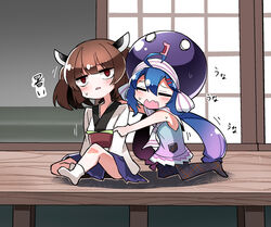  2girls architecture bad_id bad_pixiv_id bare_shoulders blue_dress blue_hair blue_skirt brown_eyes brown_hair chibi closed_eyes dress east_asian_architecture eel_hat furrowed_brow gradient_hair hair_ornament holding_another&#039;s_arm japanese_clothes kimono multicolored_hair multiple_girls open_mouth otomachi_una otomachi_una_(talkex) pantyhose plaid plaid_legwear porch purple_headwear sailor_collar shidoh279 short_hair sitting skirt sliding_doors sweat talkex touhoku_kiritan translated twintails vocaloid voiceroid white_kimono white_sailor_collar 