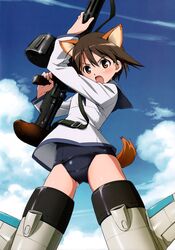  absurdres angry animal_ears brown_eyes brown_hair dog_ears dog_girl dog_tail drum_magazine female gun highres machine_gun magazine_(weapon) miyafuji_yoshika no_pants official_art outdoors school_swimsuit school_uniform short_hair sky solo strike_witches striker_unit swimsuit swimsuit_under_clothes tail takamura_kazuhiro type_99_cannon weapon world_witches_series 