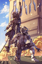  2boys armor black_gloves cable clone_trooper cloud echo_(star_wars) gloves gun helmet highres holding holding_gun holding_weapon multiple_boys one_knee open_hand sanatorium_industries sky star_wars star_wars:_the_bad_batch tech_(star_wars) tree visor weapon 