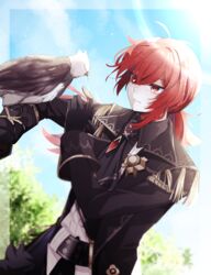  1boy absurdres animal_on_arm bad_id bad_pixiv_id belt bird bird_on_arm bird_request black_coat black_gloves black_necktie black_shirt clear_sky coat collared_jacket collared_shirt diluc_(genshin_impact) epaulettes eyes_visible_through_hair gem genshin_impact gloves hair_between_eyes highres jacket jewelry light_particles long_hair male_focus necktie outdoors ponytail red_eyes red_hair shirt sky solo sunlight tree usako_(usako1031) 