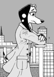  101_dalmatian_street 101_dalmatians absurd_res anthro canid canine canis dalmatian delilah_(101_dalmatians) disney docmoreau domestic_dog female hi_res mammal mature_female monochrome ringtailmaster sad scrubs solo story story_in_description worried 