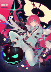  ankh ankh_necklace ball_and_chain_restraint bell-bottoms belt broken_halo chains female green_eyes guilty_gear guilty_gear_strive halo highres jack-o&#039;-lantern jack-o&#039;_valentine long_hair mask multicolored_hair one_eye_closed pants pink_hair spiked_halo suzunashi two-tone_hair unworn_mask very_long_hair 