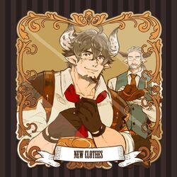  2boys animal_ears ascot barawa beard character_request cow_boy cow_ears cow_horns draph facial_hair glasses goatee granblue_fantasy grey_hair horns male_focus mature_male mirror mirror_image multiple_boys muscular muscular_male old old_man pectorals short_hair sleeves_rolled_up smile torihuhu upper_body wrinkled_skin 