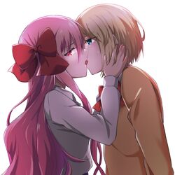  1boy azami_masurao blonde_hair blue_skirt bow bowtie commentary_request dead_apostle_noel_(tsukihime) female green_eyes hairbow highres kissing long_hair mario_gallo_bestino noel_(tsukihime) pink_hair red_bow red_bowtie red_eyes school_uniform shirt skirt straight tsukihime tsukihime_(remake) white_shirt yellow_shirt 