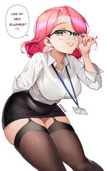  arm_behind_back artist_name black-framed_eyewear black_skirt black_thighhighs bra_visible_through_clothes breasts collared_shirt commentary curly_hair earrings eden_(shiroki_yuutsu) english_commentary english_text female fingernails flower-shaped_hair garter_straps glasses grin heart heart_earrings highres id_card jewelry lanyard leaning_forward looking_at_viewer medium_breasts medium_hair miniskirt office_lady original over-rim_eyewear parted_hair pencil_skirt pink_hair semi-rimless_eyewear shirt shirt_tucked_in single_earring skindentation skirt smile solo speech_bubble thighhighs vanilla_(eden_(shiroki_yuutsu)) white_background white_shirt yellow_eyes 