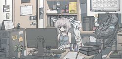  1other ahoge animal_ears arknights at_computer binder black_jacket blue_eyes brown_hair calendar_(object) chair clipboard commentary_request computer crossed_arms cup_ramen desk doctor_(arknights) energy_drink female fox_ears fox_girl gloves highres hood hooded_jacket indoors jacket jokebag korean_commentary leaning_back material_growth monitor office office_chair on_chair oripathy_lesion_(arknights) plant potted_plant red_bull shin_ramyun short_hair sleeveless sussurro_(arknights) swivel_chair typing working 