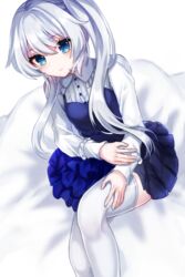  bad_id bad_pixiv_id bare_shoulders bed bed_sheet blue_eyes blue_skirt chabatake closed_mouth commentary female hair_between_eyes honkai_(series) honkai_impact_3rd long_hair long_sleeves looking_at_viewer polo_shirt shirt side_ponytail sitting skirt smile solo theresa_apocalypse thighhighs white_background white_hair white_shirt white_thighhighs 