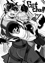  2boys animal_ears ass barawa beard between_pectorals blush chat_noir_(granblue_fantasy) cow_boy cow_ears cow_horns draph embarrassed english_text facial_hair goatee granblue_fantasy greyscale harness head_between_pecs horns hug large_pectorals looking_away male_focus mature_male monochrome multiple_boys muscular muscular_male pectorals short_hair torihuhu 