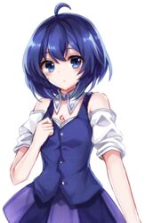  antenna_hair bad_id bad_pixiv_id bare_shoulders blue_eyes blue_hair breasts chabatake cleavage closed_mouth female hair_between_eyes honkai_(series) honkai_impact_3rd looking_at_viewer purple_skirt purple_vest school_uniform seele_vollerei seele_vollerei_(swallowtail_phantasm) shirt short_hair short_sleeves simple_background skirt solo tattoo vest white_background white_shirt 