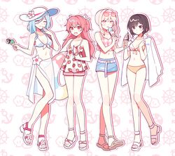  ! 1other 3girls akiyama_mizuki anchor bikini blue_hair blue_shorts bow breasts brown_eyes brown_footwear brown_hair commentary crop_top eyewear_on_head food food_print hairbow hat highres hinomori_shizuku holding holding_food ice_cream ice_cream_cone innertube iridescent jacket jacket_on_shoulders long_hair medium_breasts momoi_airi multiple_girls orange_bow pink-framed_eyewear pink-tinted_eyewear pink_bow pink_eyes pink_hair plaid plaid_shirt project_sekai sandals shell shinonome_ena ship&#039;s_wheel shirt short_hair shorts sleeveless sleeveless_shirt soft_serve strawberry_print sun_hat sunglasses swim_ring swimsuit tinted_eyewear two-tone_bikini two_side_up waka_(wk4444) white_bikini white_bow white_footwear white_headwear white_jacket 