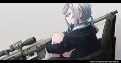  anti-materiel_rifle black_gloves black_skirt bolt_action brown_jacket chair cheytac_m200 chromatic_aberration closed_mouth collared_shirt dress_shirt female from_side girls&#039;_frontline gloves grey_background grey_hair gun hair_tie headphones headphones_around_neck highres hood hood_down hooded_jacket hugging_own_legs jacket kuro_kosyou letterboxed looking_afar low_ponytail m200_(girls&#039;_frontline) muzzle_device open_clothes open_jacket pleated_skirt purple_eyes rifle scope shirt sidelocks sitting skirt sniper_rifle solo weapon white_shirt 