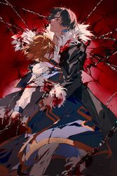  2boys black_eyes black_hair blonde_hair blood blood_on_clothes blood_on_face blood_on_hands blood_on_leg chains chrollo_lucilfer coat corrupted_twitter_file earrings fur-trimmed_coat fur_trim highres holding hunter_x_hunter injury jewelry kurapika mei_ren multiple_boys multiple_rings pants parted_bangs parted_lips ring short_hair standing white_pants 