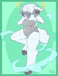  anthro bovid breasts caprine female fur green_background hi_res hooves jintally mammal nude on_one_leg pinup pose sheep simple_background smile solo standing synth_(disambiguation) white_body white_fur white_wool wool_(fur) 